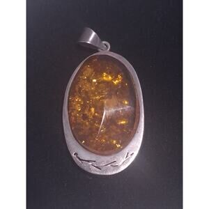 Large Baltic Amber Cabochon Pendant Sterling Silver Artisan Statement- Excellent